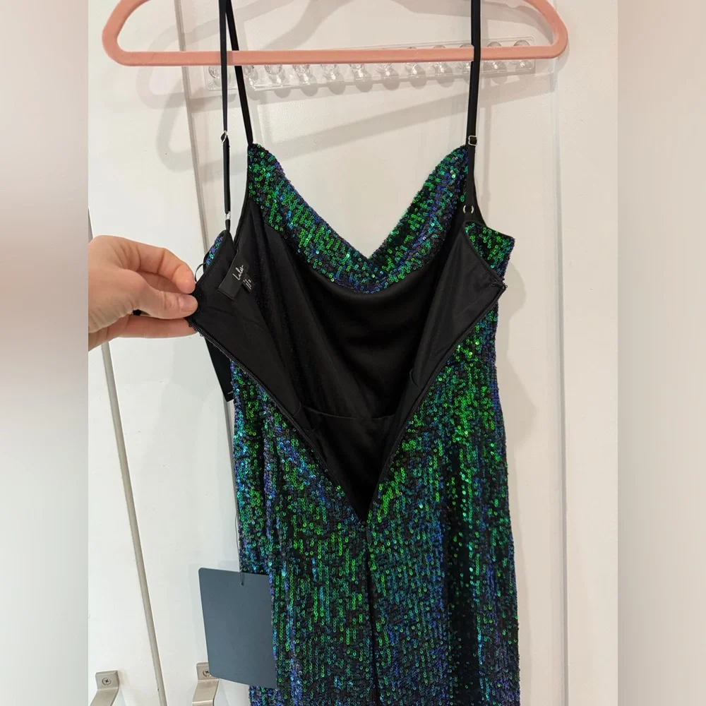 NWT Lulu’s Green Iridescent Sequin Wide-Leg Jumpsuit - Picture 8 of 15